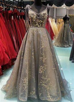 Picture of Lace V Neck A-line Long Customize Floor Length Formal Dresses, Prom Dresses Party Dresses